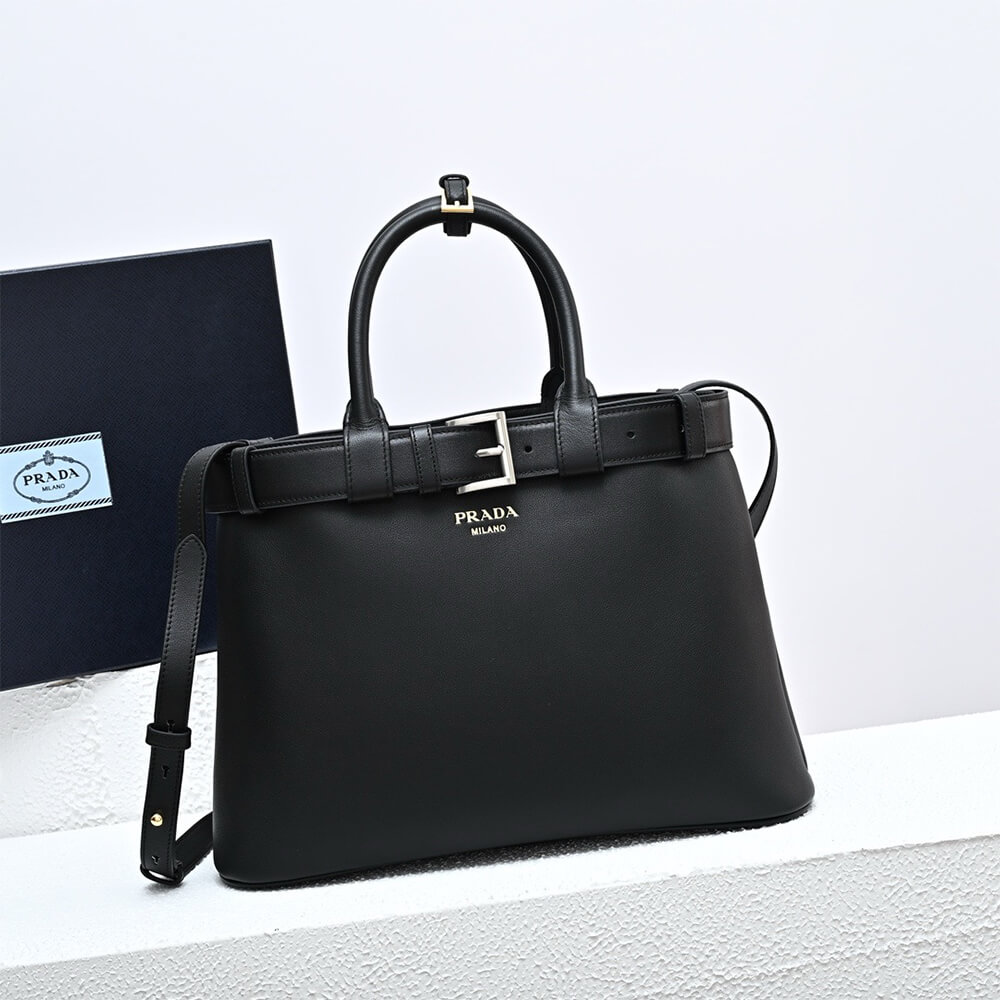 Pra*a Buckle medium leather handbag with double belt(high-end grade)