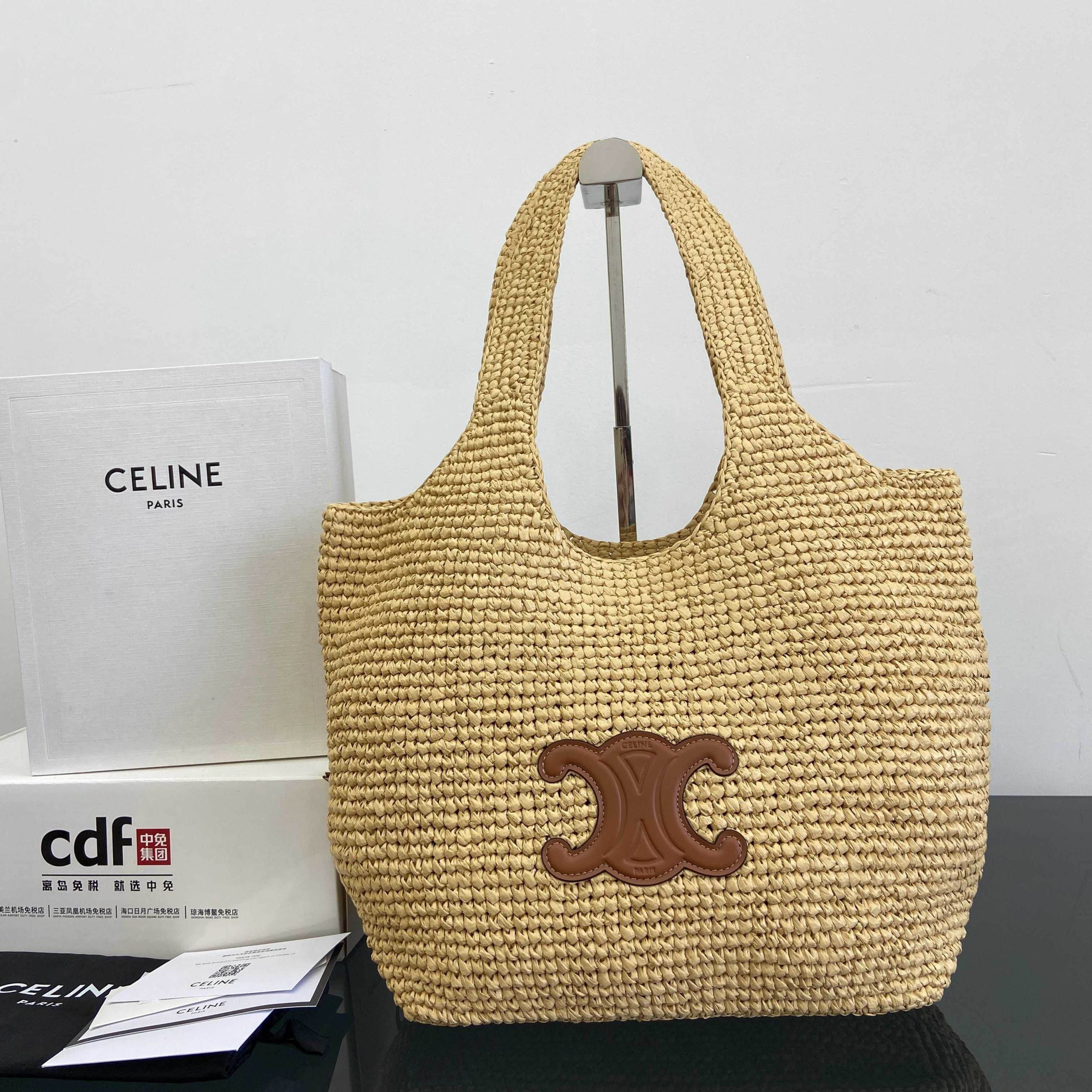 Ce1i*e Classic Panier Shopper Cabas IN RAFFIA AND CALFSKIN(HIGH-END GRADE)