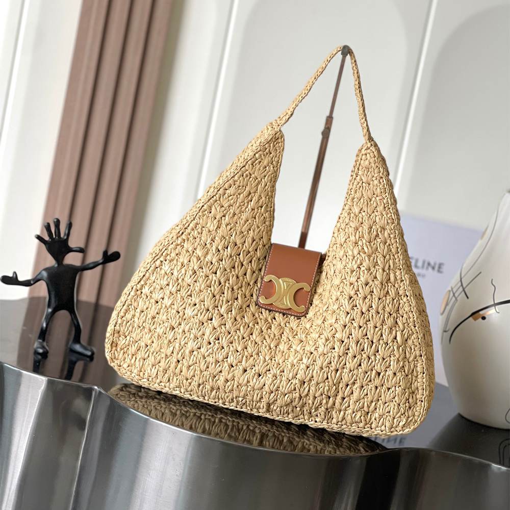 Ce1i*e CABAS TRIANGLE IN RAFFIA AND CALFSKIN(HIGH-END GRADE)