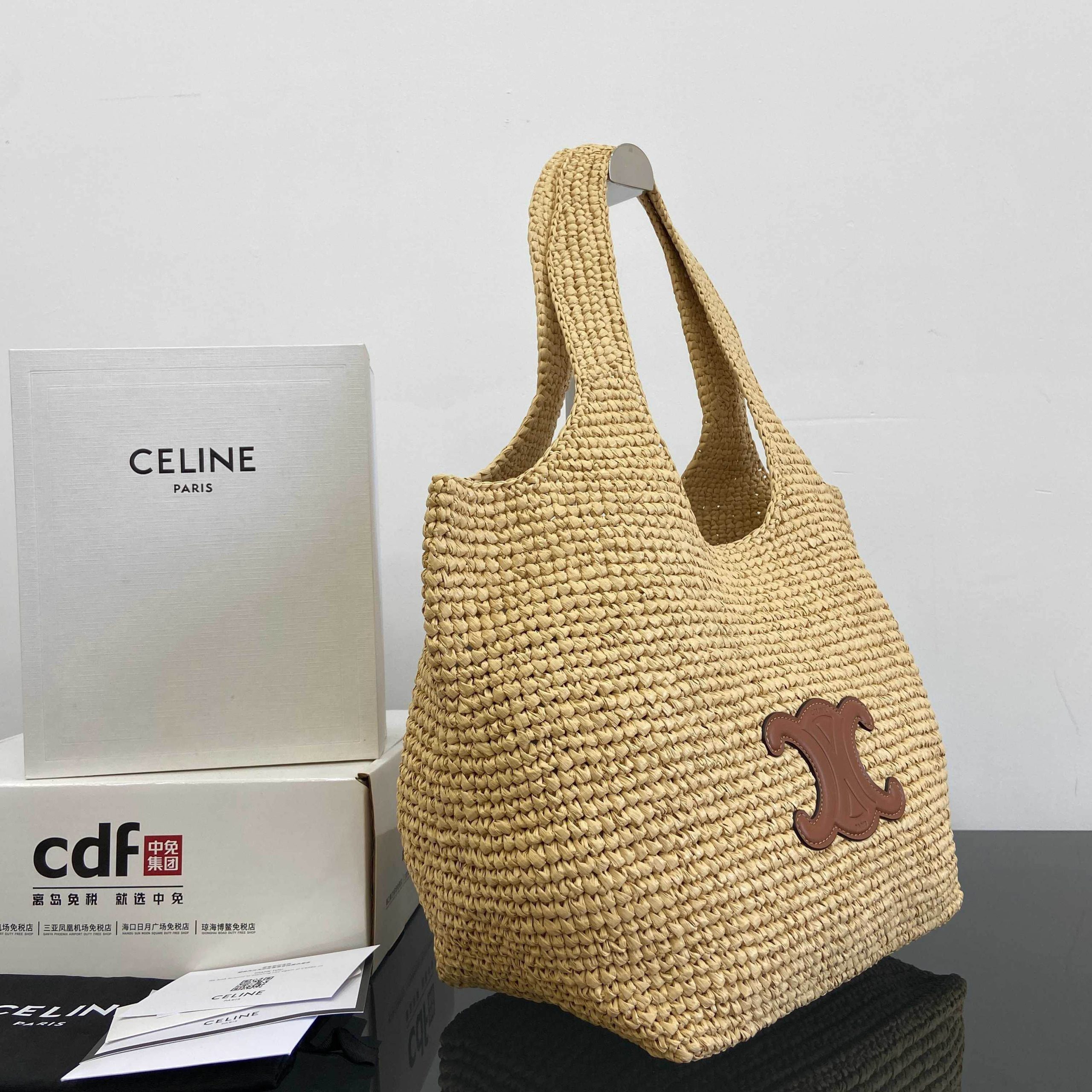 Ce1i*e Classic Panier Shopper Cabas IN RAFFIA AND CALFSKIN(HIGH-END GRADE)