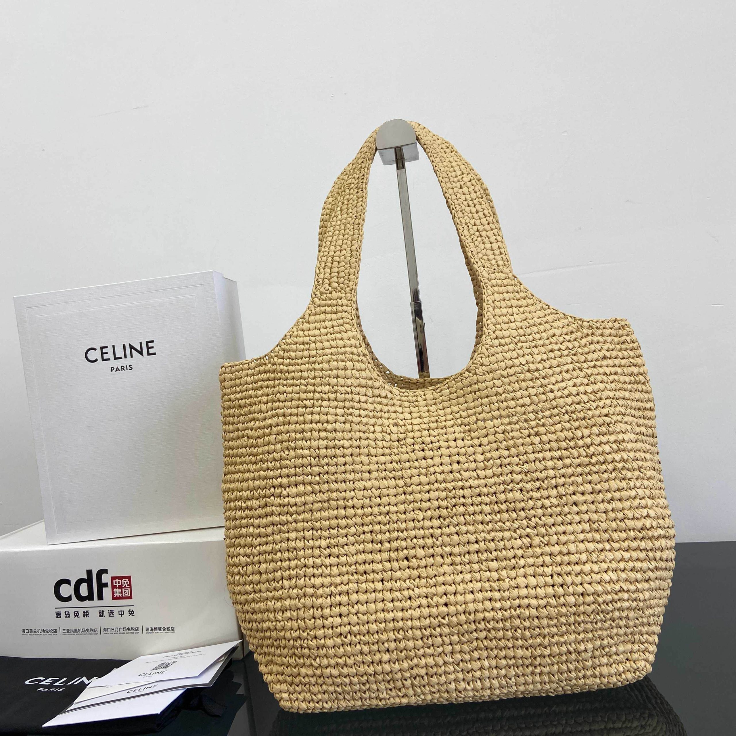 Ce1i*e Classic Panier Shopper Cabas IN RAFFIA AND CALFSKIN(HIGH-END GRADE)