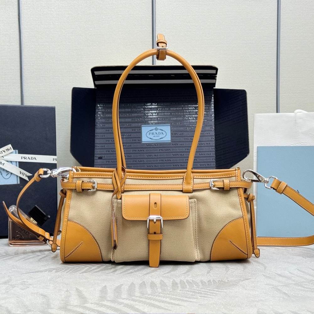 Pra*a Bonnie medium linen and leather handbag(HIGH-END GRADE)
