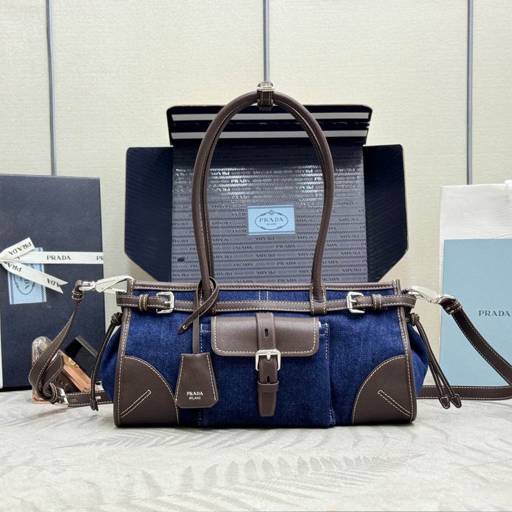 Pra*a Bonnie medium linen and leather handbag(HIGH-END GRADE)