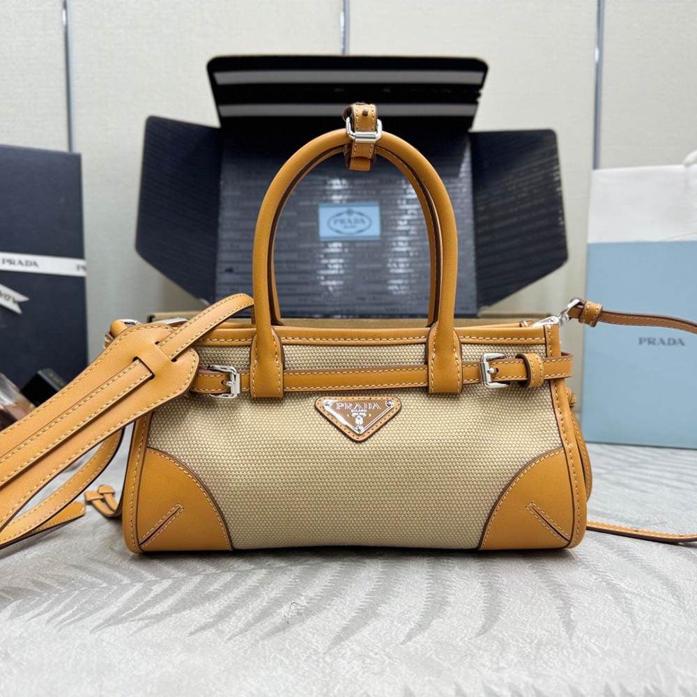 Pra*a Bonnie small linen and leather handbag(HIGH-END GRADE)