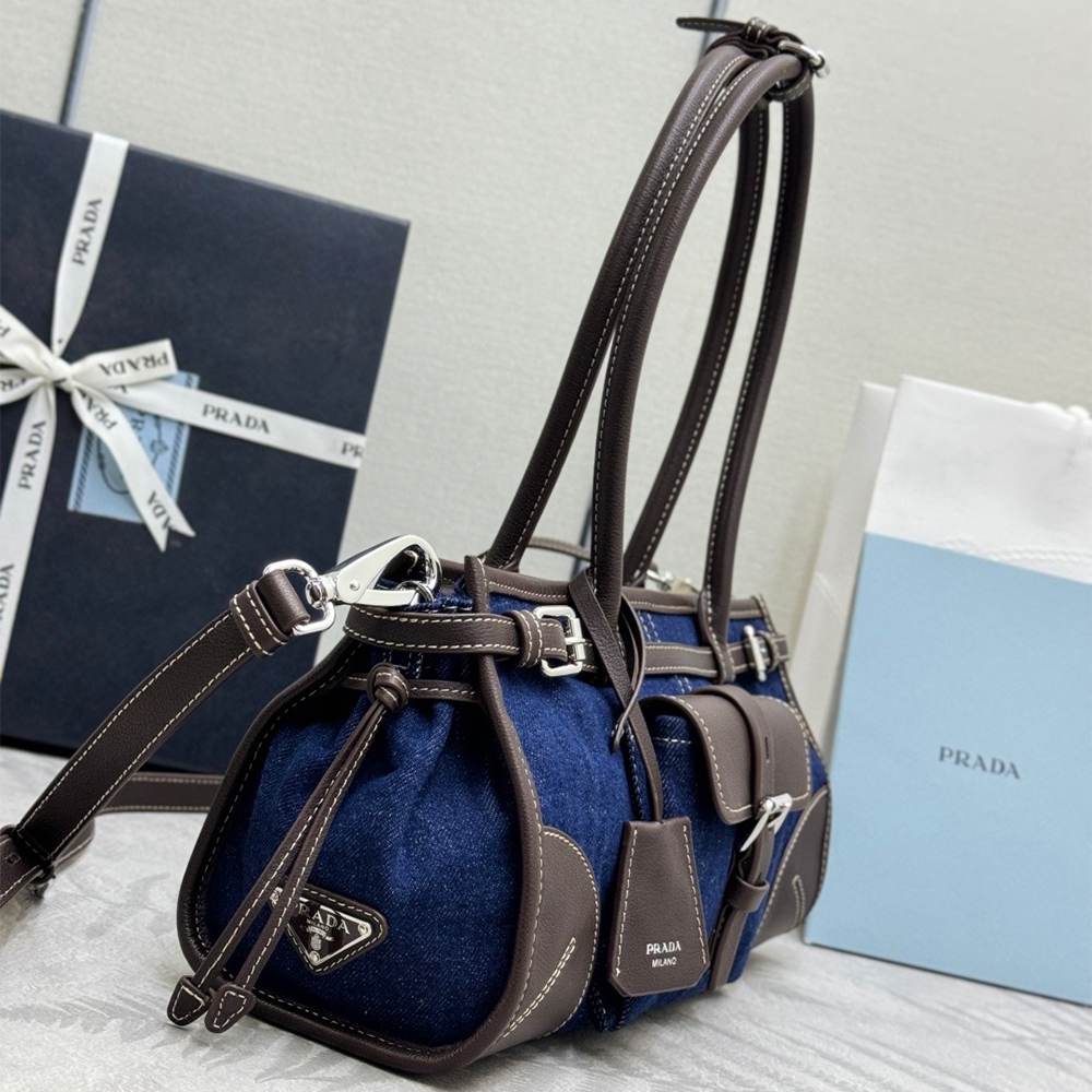 Pra*a Bonnie medium linen and leather handbag(HIGH-END GRADE)