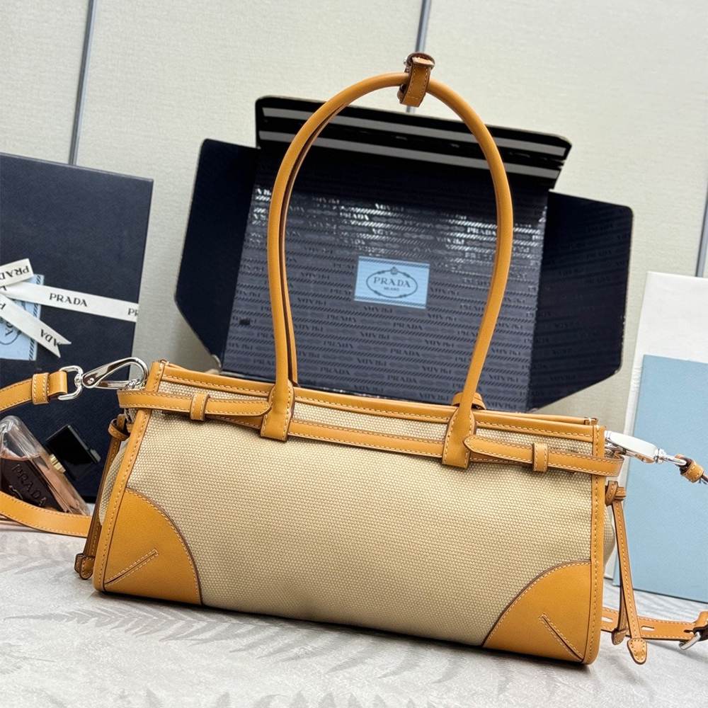 Pra*a Bonnie medium linen and leather handbag(HIGH-END GRADE)