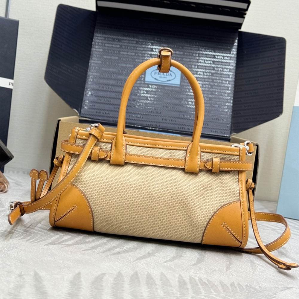 Pra*a Bonnie small linen and leather handbag(HIGH-END GRADE)