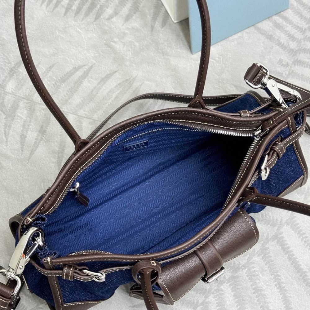 Pra*a Bonnie medium linen and leather handbag(HIGH-END GRADE)